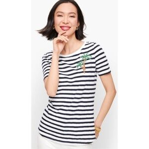 Talbots Beaded Palm Tree Navy & White Striped Short Sleeve Tee Women's Size 2X